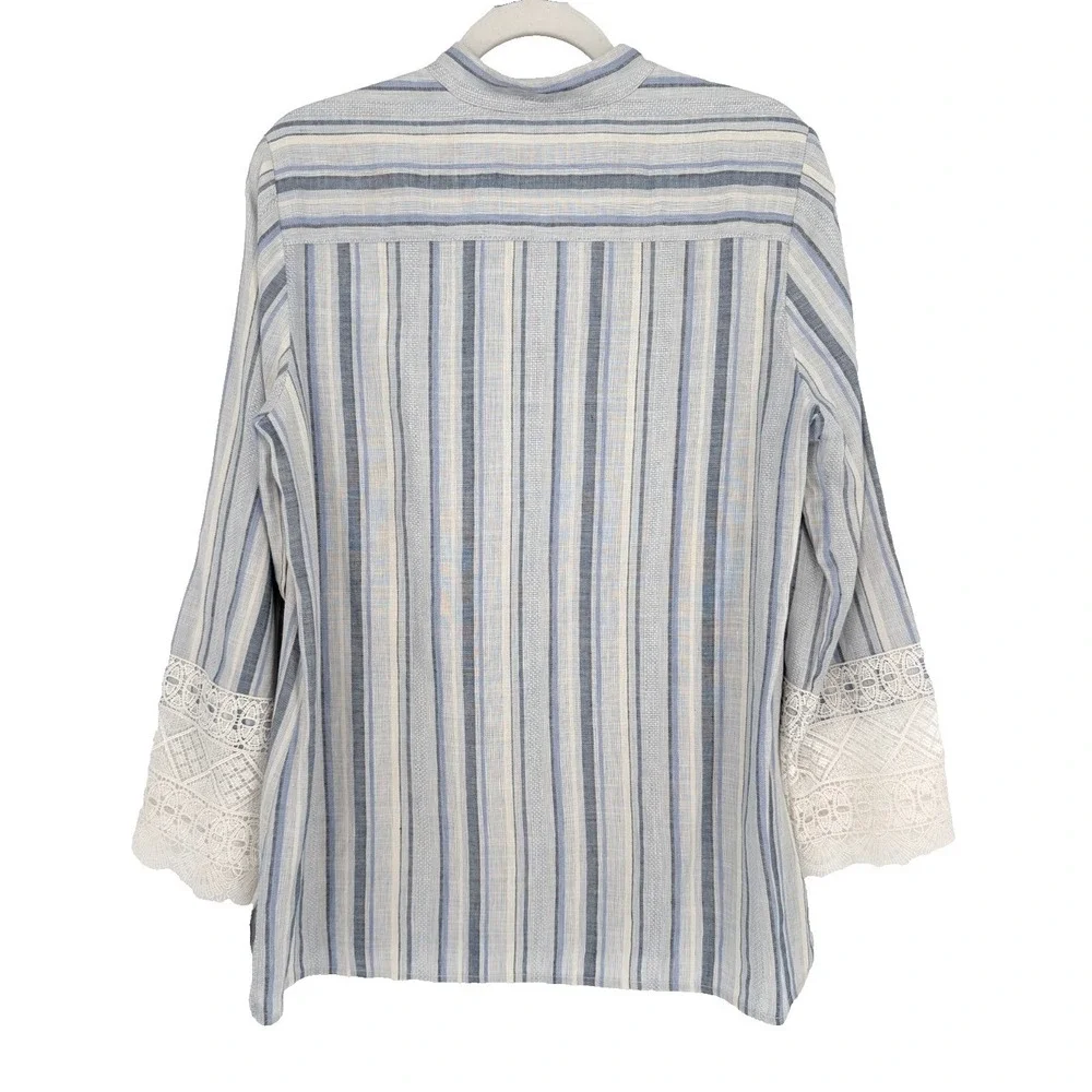 Etcetera Blue White Striped V Neck Linen Blend Tunic Lace Trim Coastal Preppy 10 - Picture 2 of 10